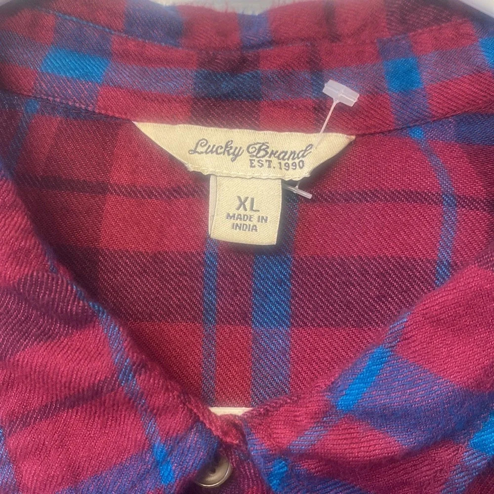 Lucky Brand  Maroon and Blue plaid Flannel Button down  shirt  Size XL - Picture 5 of 8